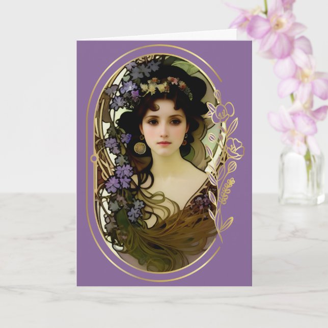 Elegant Mucha Style Portrait of a Beautiful Woman Card (Orchid)