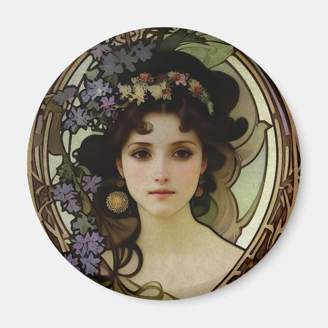 Elegant Mucha Style Portrait of a Beautiful Woman Magnet (Front)