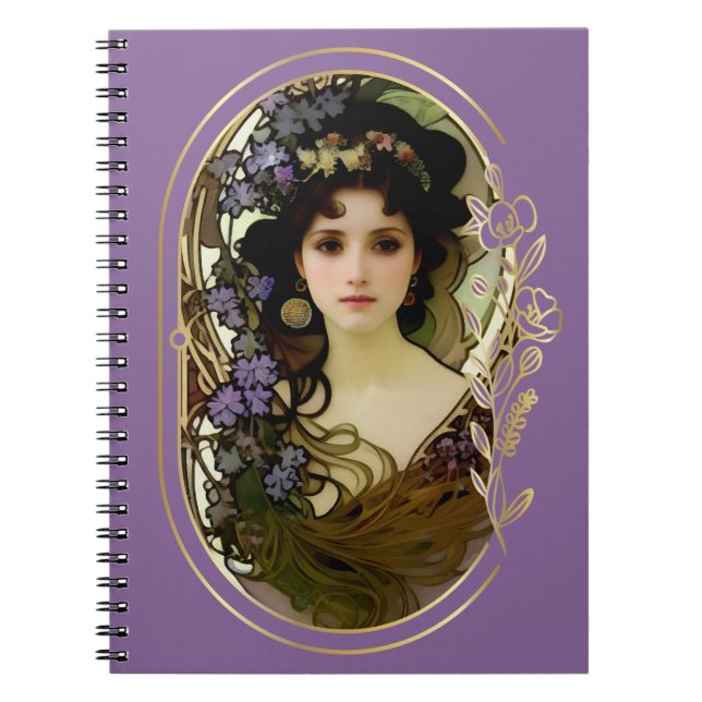 Elegant Mucha Style Portrait of a Beautiful Woman Notebook (Front)