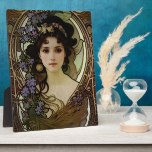 Elegant Mucha Style Portrait of a Beautiful Woman Plaque