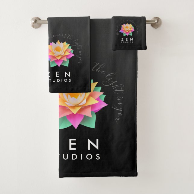 Elegant Multi-Coloured Lotus Flower on Black Bath Towel Set (Insitu)