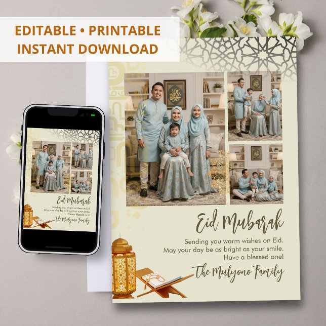 Elegant Multi-Photo Geometric Islamic Eid Mubarak  Holiday Card (Creator Uploaded)