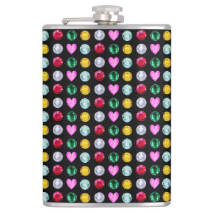 Elegant Multicolor Gemstones on Black Hip Flask