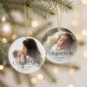 Elegant Mum and Baby First Christmas Dual Photo Ceramic Tree Decoration