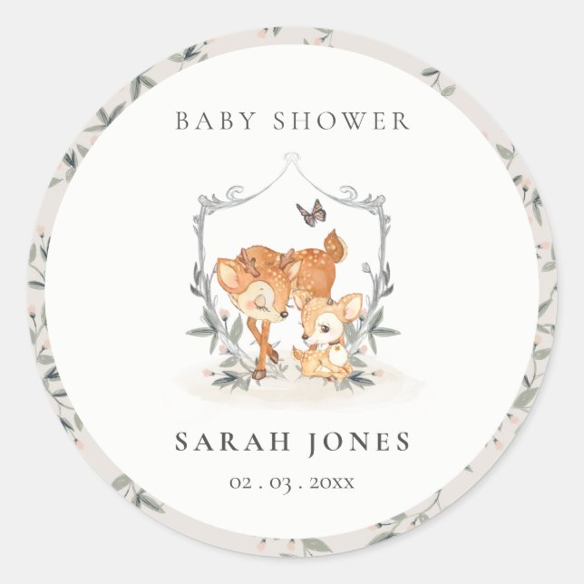 Elegant Mum Deer Fawn Floral Crest Baby Shower Classic Round Sticker (Front)