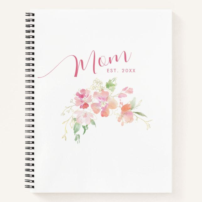 Elegant Mum Est Blush Pink Floral Watercolor Notebook (Front)