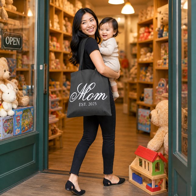 Elegant Mum Established Year White Script Tote Bag (Elegant Mom Established Year White Script Tote Bag)