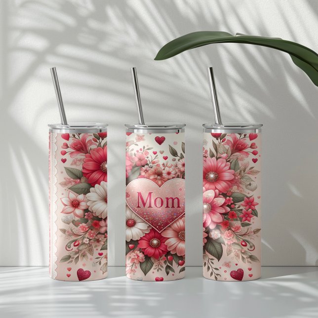 Elegant Mum in Heart Surrounded by Pink Flowers Thermal Tumbler (Creator Uploaded)
