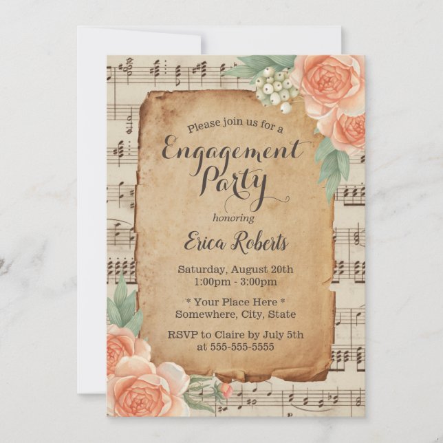 Elegant Music Engagement Party Vintage Floral Invitation (Front)