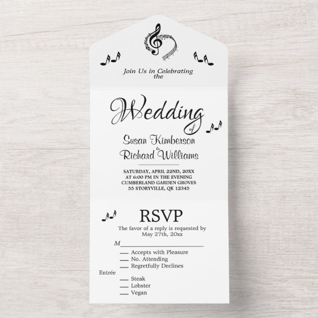 Elegant Music Wedding Theme w/ RSVP All In One Inv Invitation (Inside)