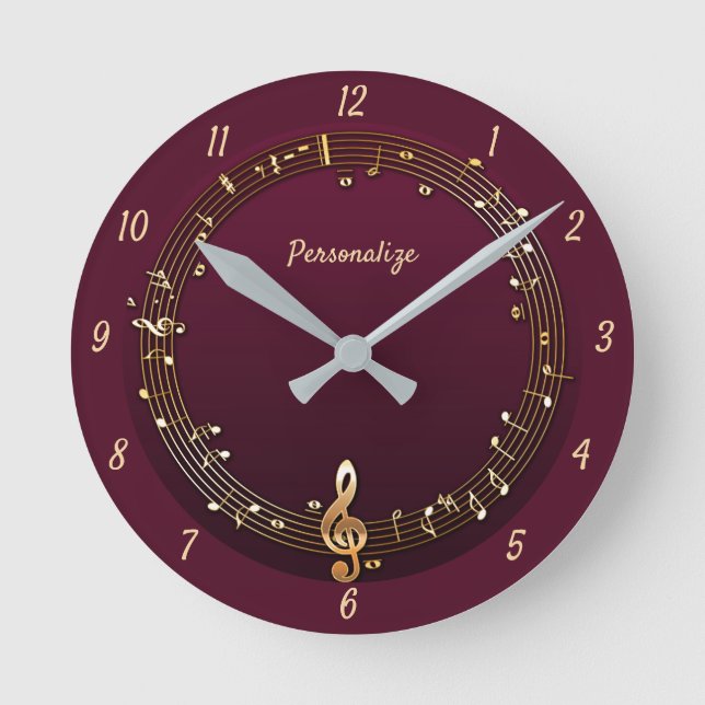 Elegant Musical Notes Clef Music Purple Gold Round Clock (Front)
