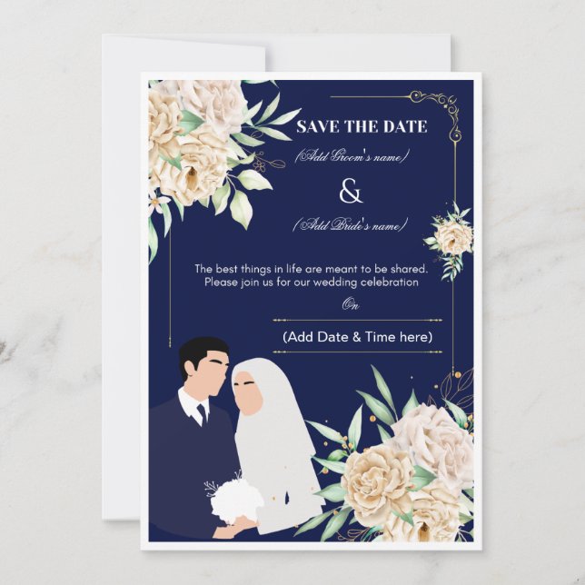 Elegant Muslim Wedding Invitation - Navy & Gold Fl (Front)