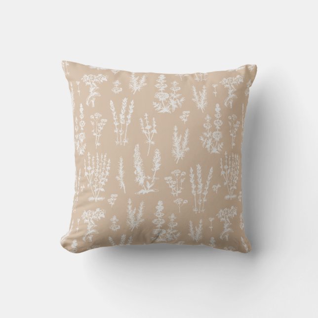 Elegant Mustard Beige Herbal Garden Pattern Cushion (Front)