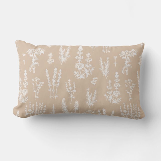 Elegant Mustard Beige Herbal Garden Pattern Lumbar Cushion (Front)