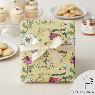 Elegant Mustard Mothers Day Queen Bee and Flowers Wrapping Paper