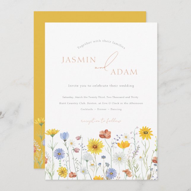 Elegant Mustard Wildflowers Monogram Wedding Invitation (Front/Back)