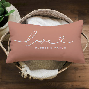 Elegant Muted Clay Love Heart Couple Names Lumbar Cushion