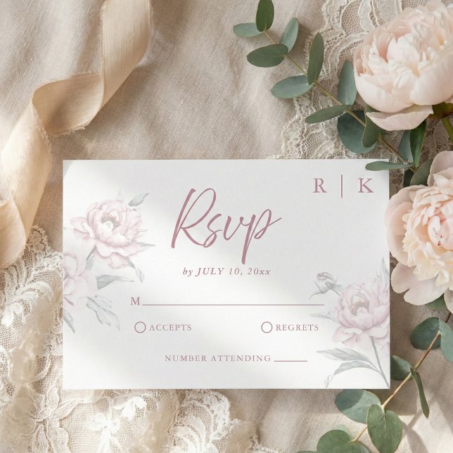Elegant Muted Dusky Pink Peony Wedding RSVP Card (personalized pink peony wedding rsvp card in modern script calligraphy style)