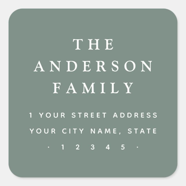 Elegant muted pine green return address square sticker (Front)