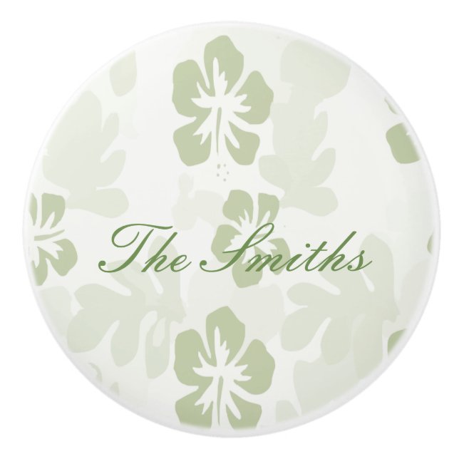Elegant Muted Sage Hibiscus Pattern Ceramic Knob (Front)