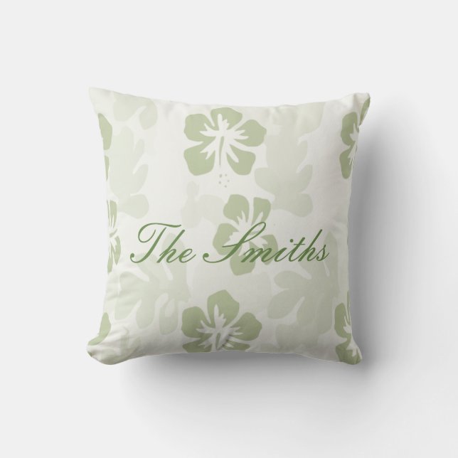 Elegant Muted Sage Hibiscus Pattern Cushion (Front)