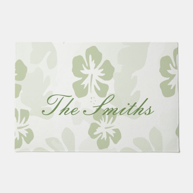 Elegant Muted Sage Hibiscus Pattern  Doormat (Front)
