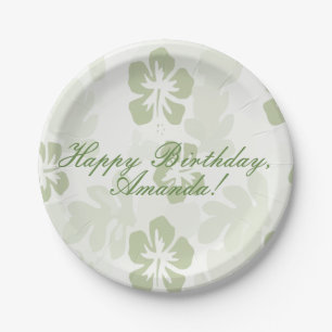 Elegant Muted Sage Hibiscus Pattern Paper Plate
