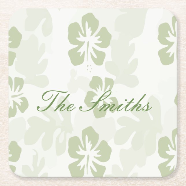 Elegant Muted Sage Hibiscus Pattern Square Paper Coaster (Front)