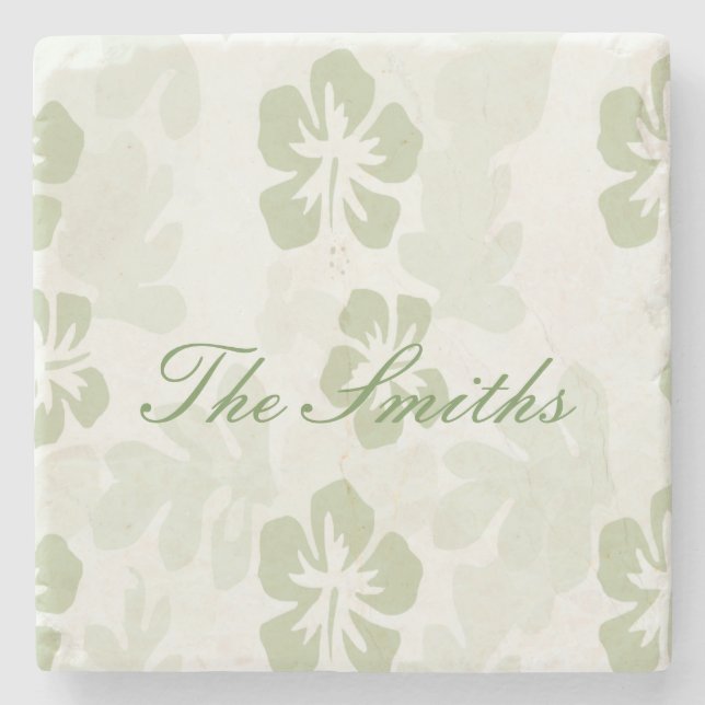 Elegant Muted Sage Hibiscus Pattern  Stone Coaster (Front)