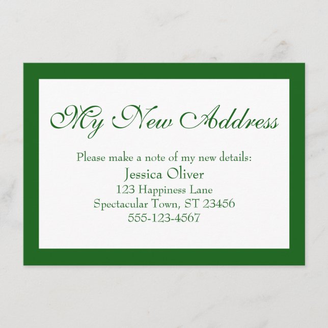 Elegant My New Address Bordered Green on White Enclosure Card (Front)