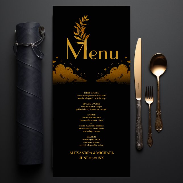 Elegant Mystical Black Gold Clouds Moon Wedding Menu (Creator Uploaded)