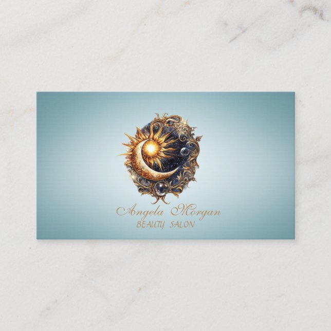Elegant Mystical Sun Moon Blue Business Card (Front)