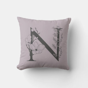 Elegant N Boho Floral Monogram Initial Lilac Grey Cushion