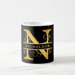 Elegant "N" Monogram Personalised Name Black Gold Coffee Mug