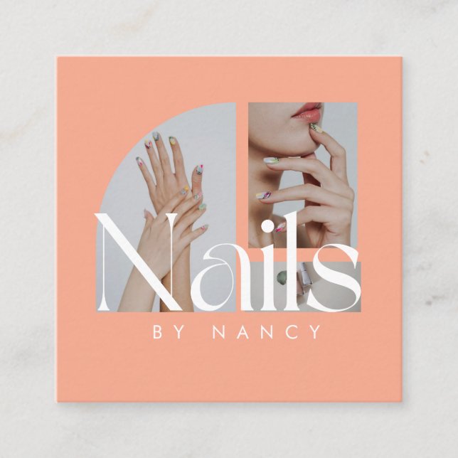 Elegant Nail Salon Photo Collage Peach  Square Business Card (Front)