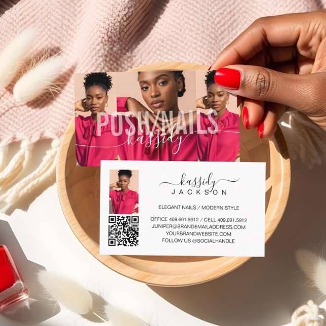 Elegant Nail Salon Script Monogram Photo QR Code Business Card (Photo Collage Bold Name Script Calligraphy QR Code Business Card)