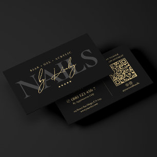 Elegant Nail Tech Studio Black Faux Gold Signature Business Card