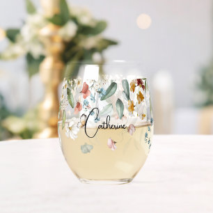 Elegant Name Colourful Vintage Floral Drop Stemless Wine Glass