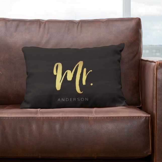 Elegant Name Faux Gold Mr Black Stripes Lumbar Cushion (Creator Uploaded)