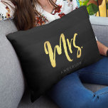 Elegant Name Faux Gold Mrs Black Stripes Lumbar Cushion<br><div class="desc">Pillow featuring "Mrs" in faux gold brush script against a black stripes stripes pattern background. Great for newly weds or anniversaries. Personalise it by replacing the placeholder text. For more options such as to change the font and it's size click the "Customise it" button. *Please note that the Zazzle Watermark...</div>