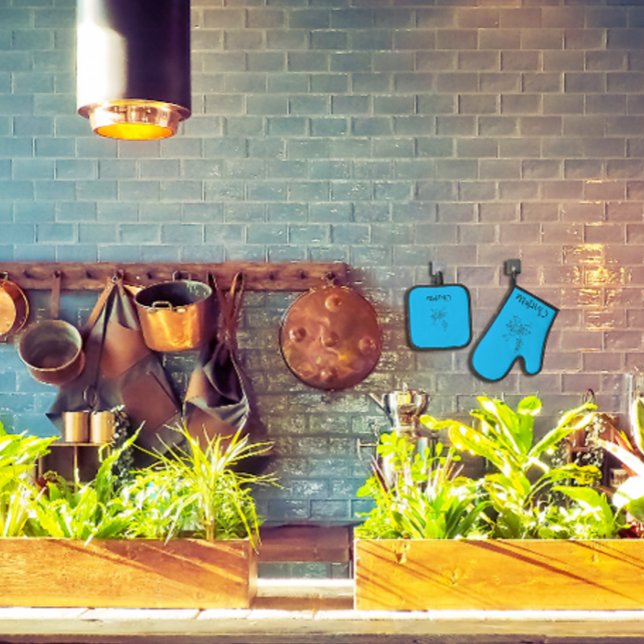 Elegant name flower line black white blue oven mitt & pot holder set (Creator Uploaded)