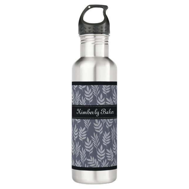 Elegant Name Modern Slate Grey Leaves Pattern 710 Ml Water Bottle (Front)