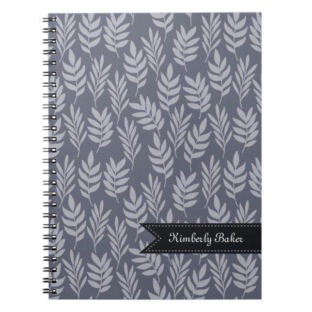 Elegant Name Modern Slate Grey Leaves Pattern Spiral Notebook (Front)