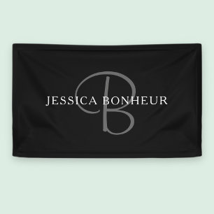 Elegant Name Monogram   Black White & Grey Banner