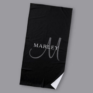 Elegant Name Monogram   Black White & Grey Beach Towel