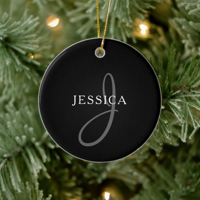 Elegant Name Monogram | Black White & Grey Ceramic Tree Decoration (Tree)