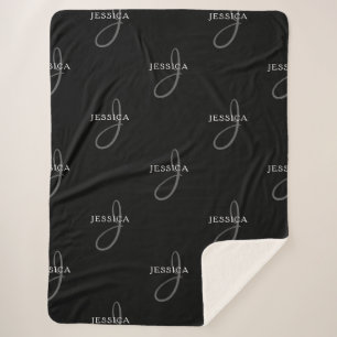Elegant Name & Monogram   Black, White & Grey Sherpa Blanket
