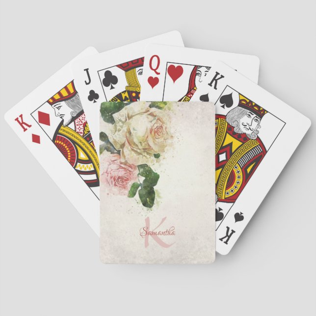 Elegant Name Monogram Blush Pink Watercolor Roses Playing Cards (Back)