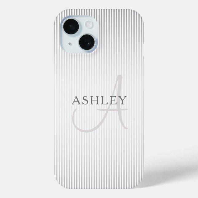 Elegant Name Monogram & Thin Grey Ombre Stripes Case-Mate iPhone Case (Back)