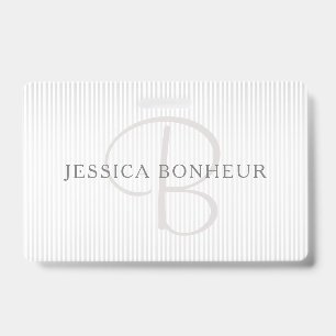Elegant Name Monogram & Thin Grey Ombre Stripes ID Badge